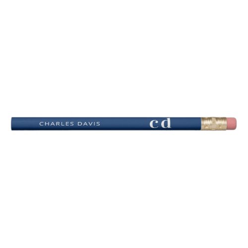 Navy blue white custom monogram name minimalist  pencil