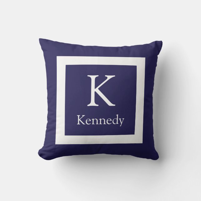 Navy Blue White Custom Monogram Name Throw Pillow (Front)