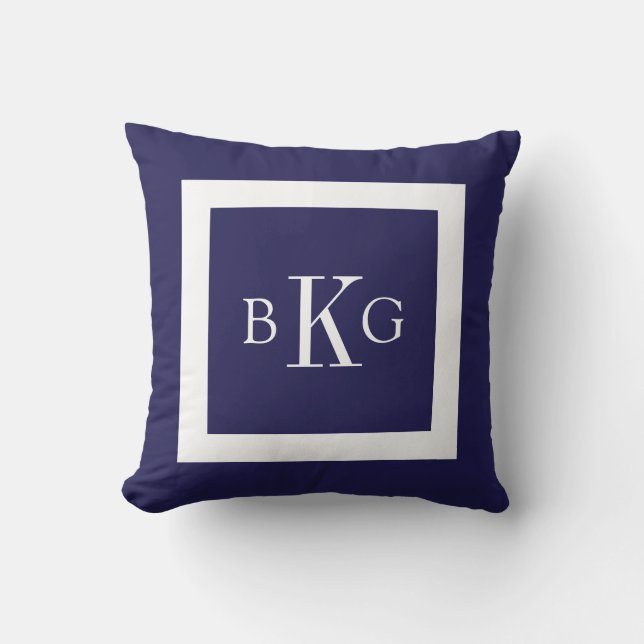 Navy Blue White Custom Monogram Throw Pillow (Front)