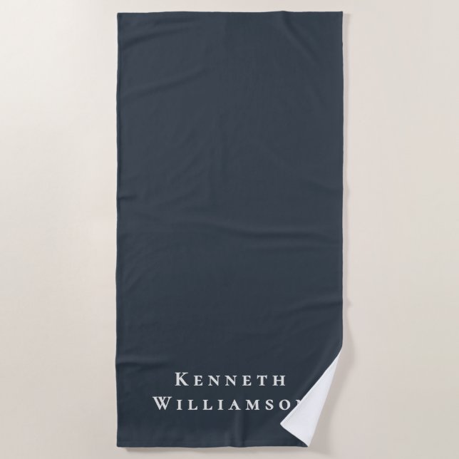 Navy Blue White Custom Name Minimalist Modern Men  Beach Towel (Front)