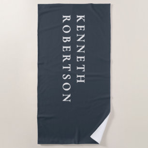 Navy Blue White Custom Name Modern Minimalist Men Beach Towel