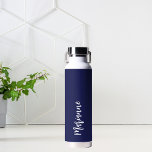 Navy blue white custom name script water bottle<br><div class="desc">Navy blue background.  Personalize and add your name.   White colored handwritten style script.</div>