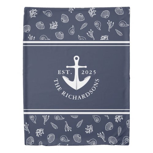 Navy Blue White Custom Name Year Nautical Anchor Duvet Cover