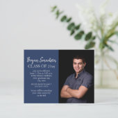 Navy Blue White Custom Photo Graduation Party Postcard (Standing Front)