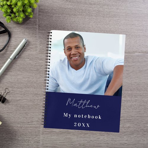 Navy blue white custom photo notebook