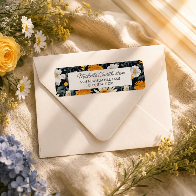 Navy Blue White Daisies  Label (Dandelions and daisies on navy blue address label)