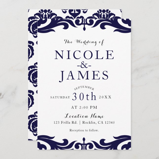 Navy Blue &amp; White Damask Chic Elegant Wedding Invitation (Front/Back)