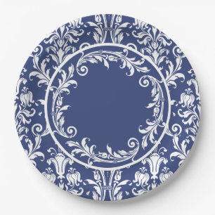 Navy Blue White Damask Floral Swirls Sophisticated Paper Plates