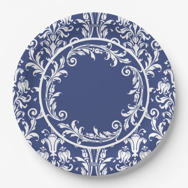 Navy Blue White Damask Floral Swirls Sophisticated Paper Plates (Front)