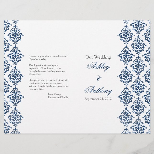 Navy Blue White Damask Foldable Wedding Program (Front)