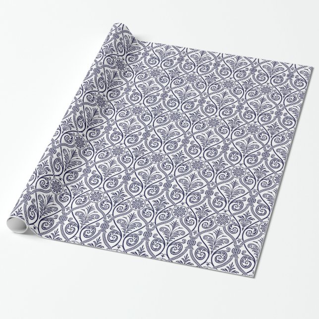 Navy Blue & White Damask Gift Wrap (Unrolled)