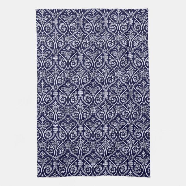 Navy Blue & White Damask Kitchen Towel (Vertical)