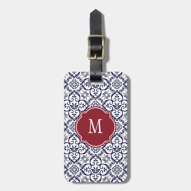 Navy Blue & White Damask Monogram Luggage Tag (Front Vertical)