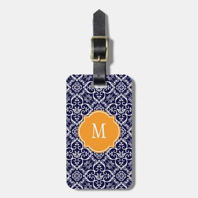 Navy Blue & White Damask Monogram Luggage Tag (Front Vertical)