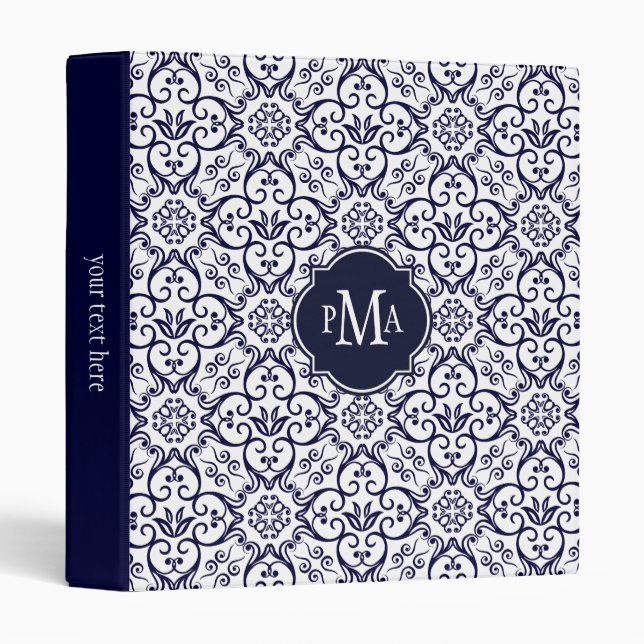 Navy Blue & White Damask Pattern Monogram Binder (Front/Spine)