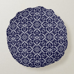 Navy Blue & White Damask Round Pillow