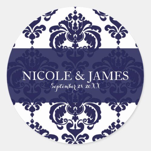 Navy Blue White Damask Vintage Wedding Event Favor Classic Round Sticker