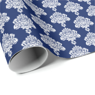 Navy Blue White Damask Wrapping Paper