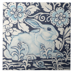 Navy Blue White Decor Rabbit, Garden Flowers Snail Ceramic Tile
