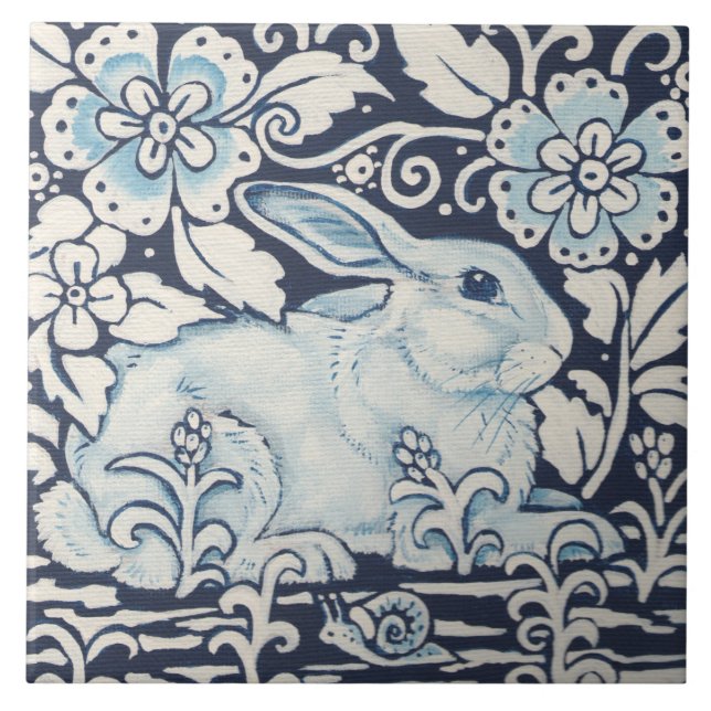 Navy Blue White Decor Rabbit, Garden Flowers Snail Ceramic Tile (Front)