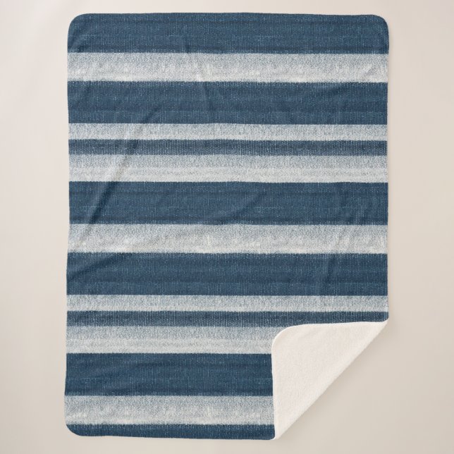 Navy Blue White Denim Jean Stripes Christmas Sherpa Blanket (Front)