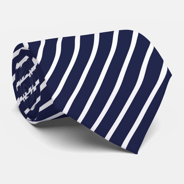 Navy Blue White Diagonal Stripes Tie (Rolled)