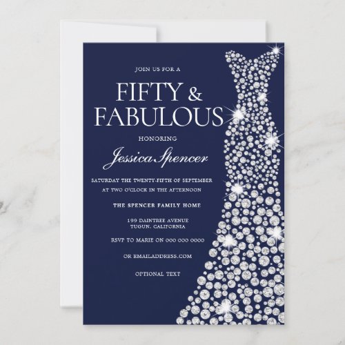 Navy Blue White Diamond Dress 50th Birthday Party Invitation