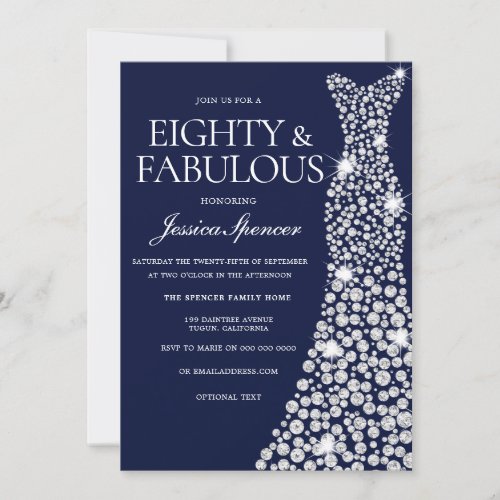 Navy Blue White Diamond Dress 80th Birthday Party Invitation