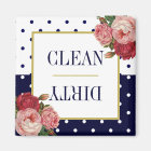 Navy Blue White Dots Floral Clean Dirty Dishwasher