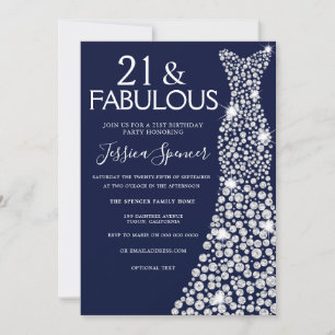 Navy Blue White Dress 21st Fabulous Birthday Party Invitation