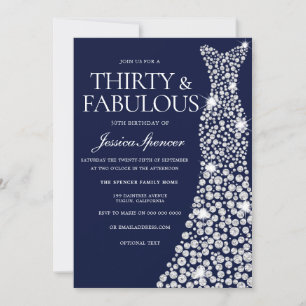 Navy Blue White Dress 30th Fabulous Birthday Party Invitation