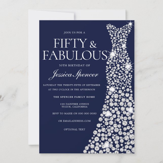 Navy Blue White Dress 50th Fabulous Birthday Party Invitation (Front)