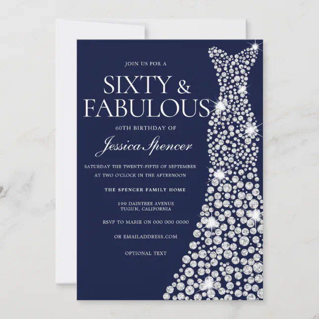 Navy Blue White Dress 60th Fabulous Birthday Party Invitation | Zazzle