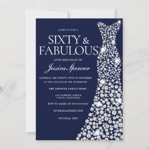Navy Blue White Dress 60th Fabulous Birthday Party Invitation