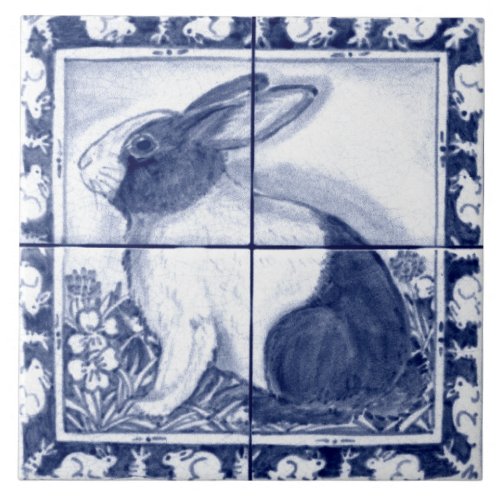 Navy Blue White Dutch Rabbit Dedham Delft Mural Ceramic Tile