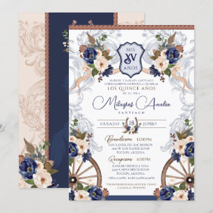 Navy Blue White Elegant Baroque Charro Quinceanera Invitation