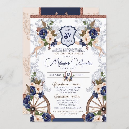 Navy Blue White Elegant Baroque Charro Quinceanera Invitation