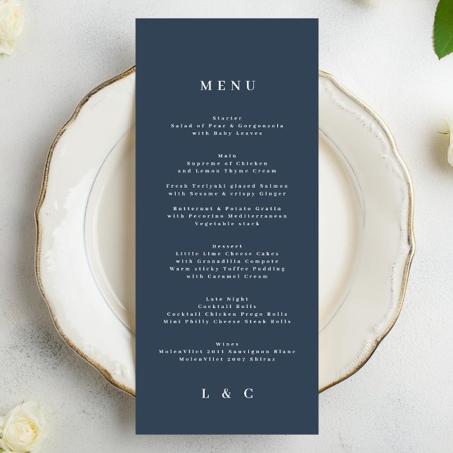 Navy Blue White Elegant Classic Wedding Menu (Creator Uploaded)