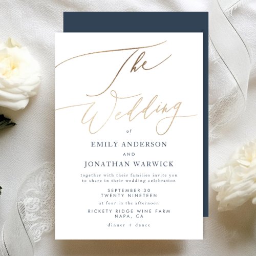 Navy Blue White Elegant Faux Gold The Wedding Invitation