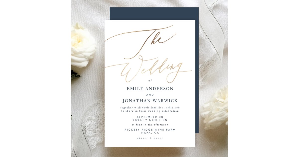 Navy Blue White Elegant Faux Gold The Wedding Invitation | Zazzle