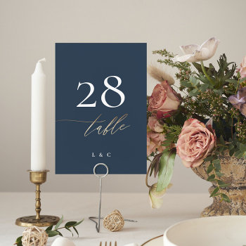 Navy Blue White Elegant Gold Classic Wedding Table Number by PhrosneRasDesign at Zazzle