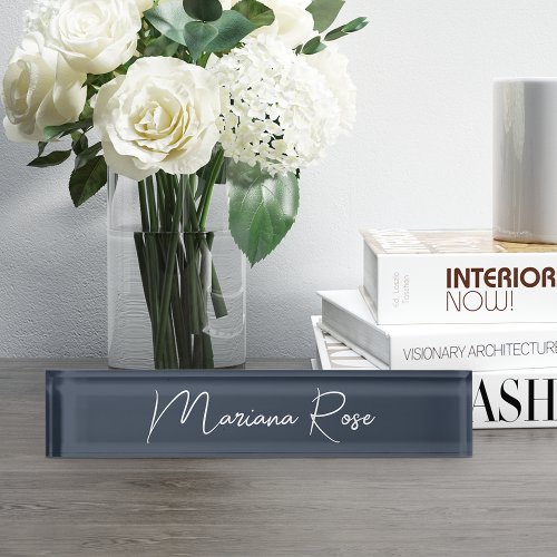 Navy Blue  White Elegant Handwritten Script Desk Name Plate