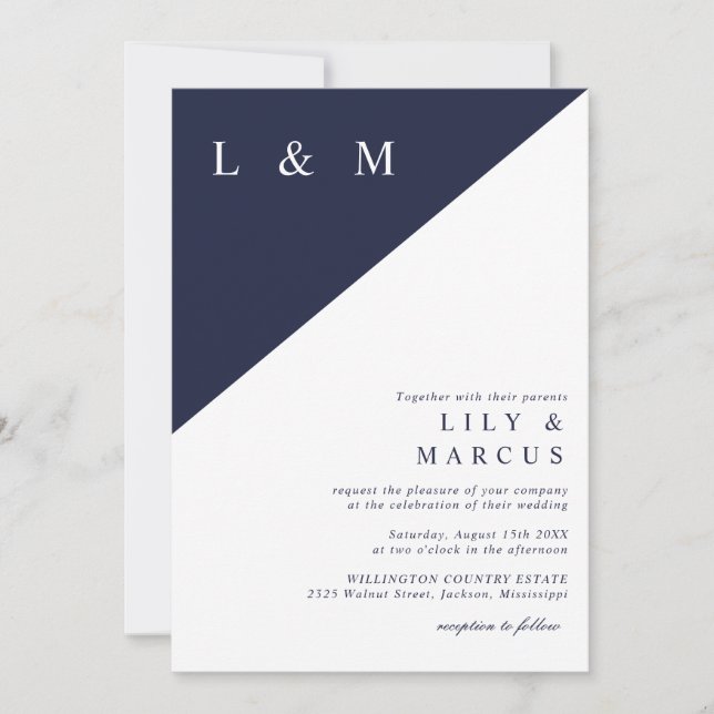Navy Blue White Elegant Modern Minimalist Wedding Invitation (Front)