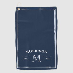 Navy Blue White Elegant Monogram Golf Towel