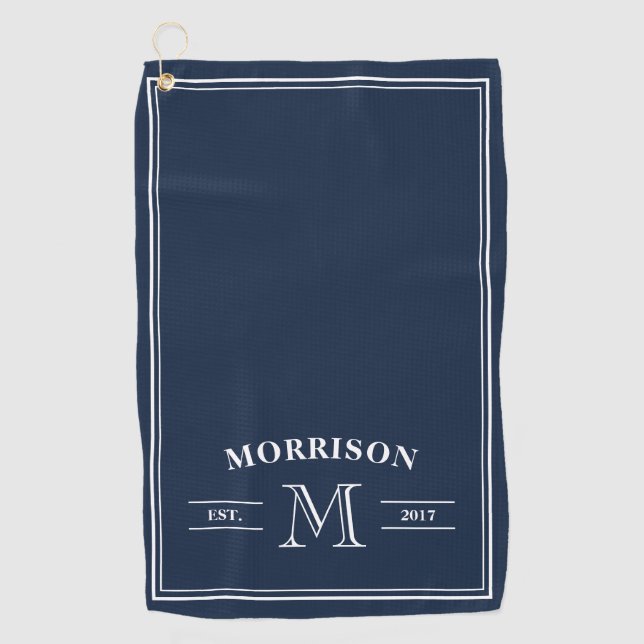 Navy Blue White Elegant Monogram Golf Towel (Front)