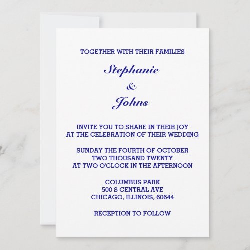 Navy Blue White Elegant Simple Minimal Wedding Invitation