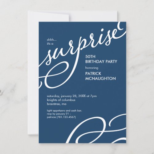 Navy Blue  White Elegant Surprise Birthday Party Invitation