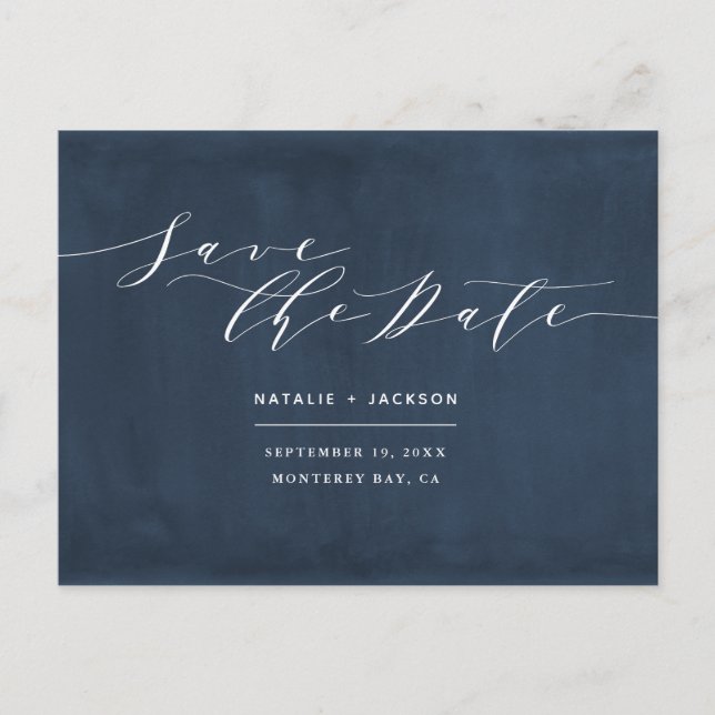Navy blue + white elegant wedding save the date postcard (Front)