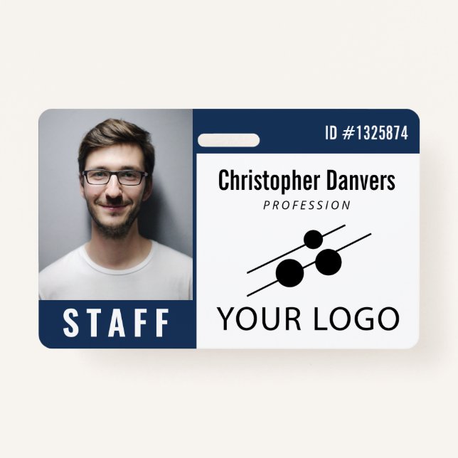 Navy Blue White Employee ID Photo & Large Logo Badge (Front)