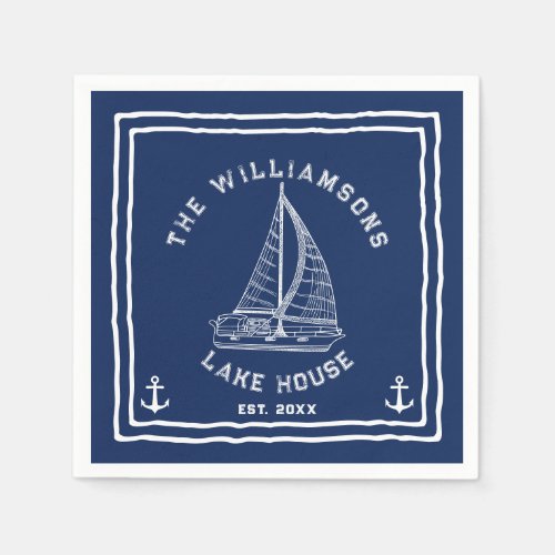 Navy Blue White Family Name Anchor Sailboat Lake Napkins
